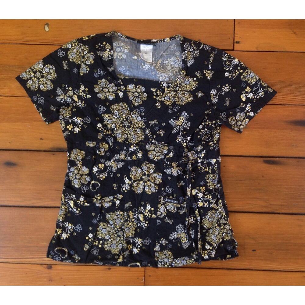 Cherokee 100% Cotton Floral Fitted Scrub Top Shirt Womens XS 2822 SROM 36" Chest